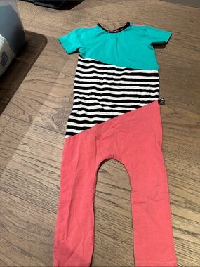 Kids Colorblock Stripe Romper - Teal, Black & White, Coral